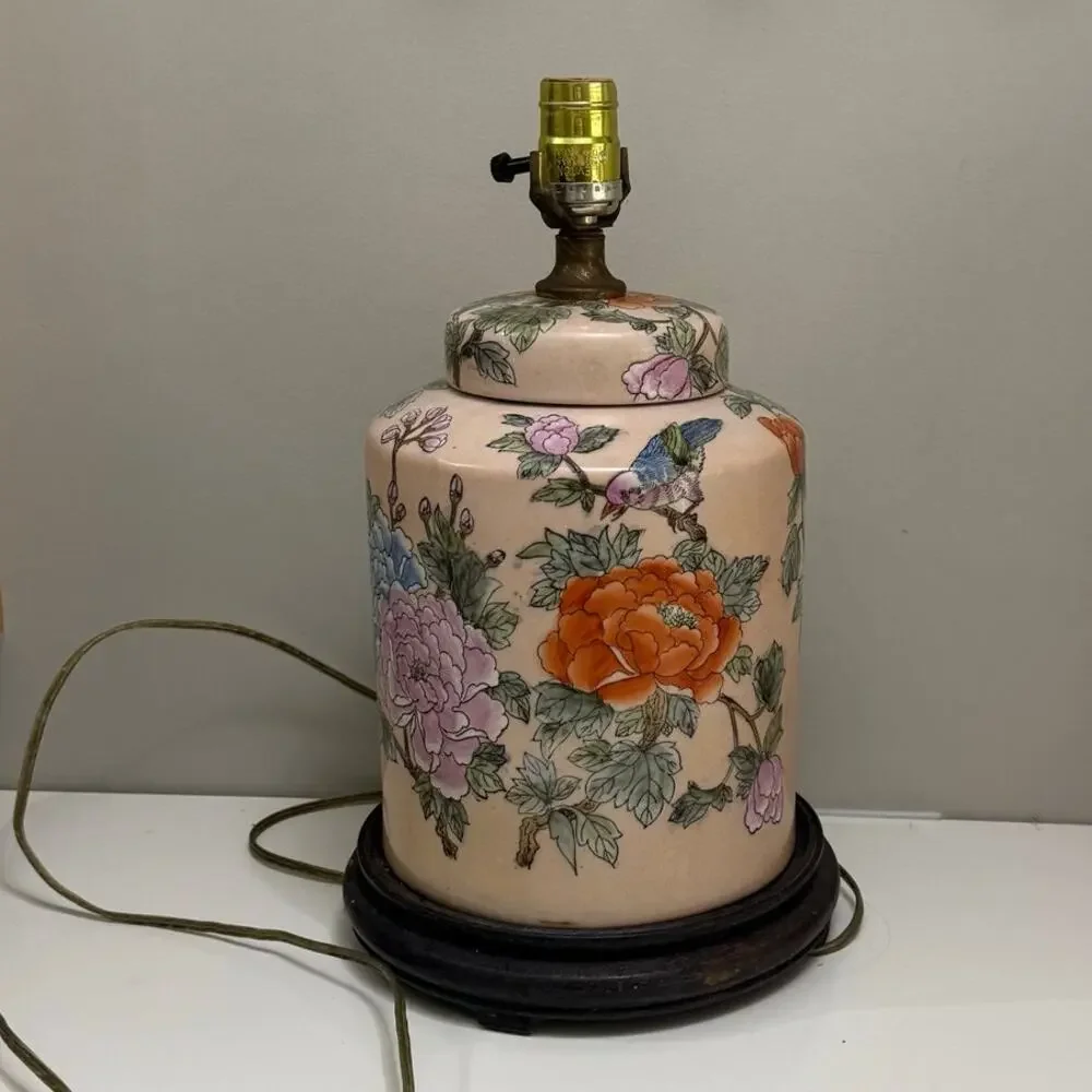 Chinese Ginger Jar Table Lamp Enamel Porcelain Pink Floral Bird Chinoiserie
